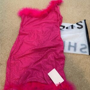 SHEIN Hot Pink Feather-Trimmed Chemise